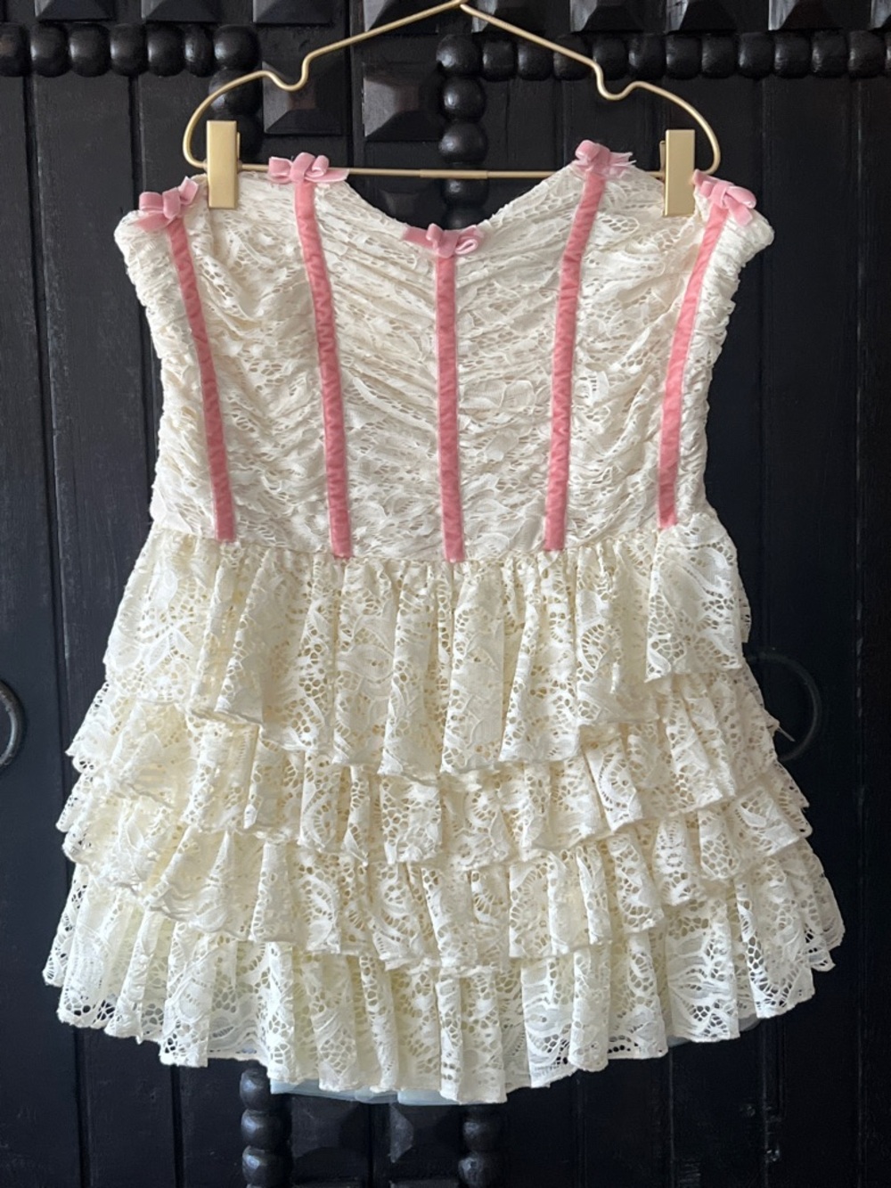 NEW Boutique Ivory Lace Ruffle Corset Mini Dress Pink Velvet Size M